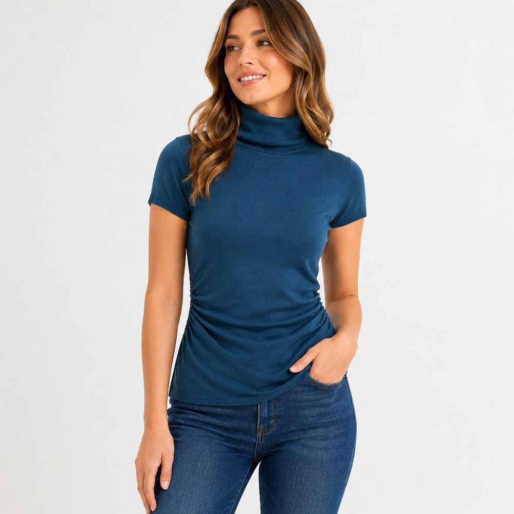 Ann Taylor Teal Ruched Cashmere Blend Short Sleeve Turtleneck Sweater M